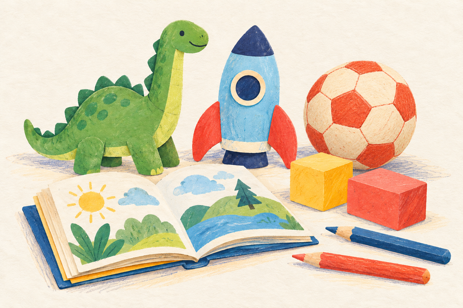 Paper models of a dinosaur, rocket, football, storybook, blocks and pencils